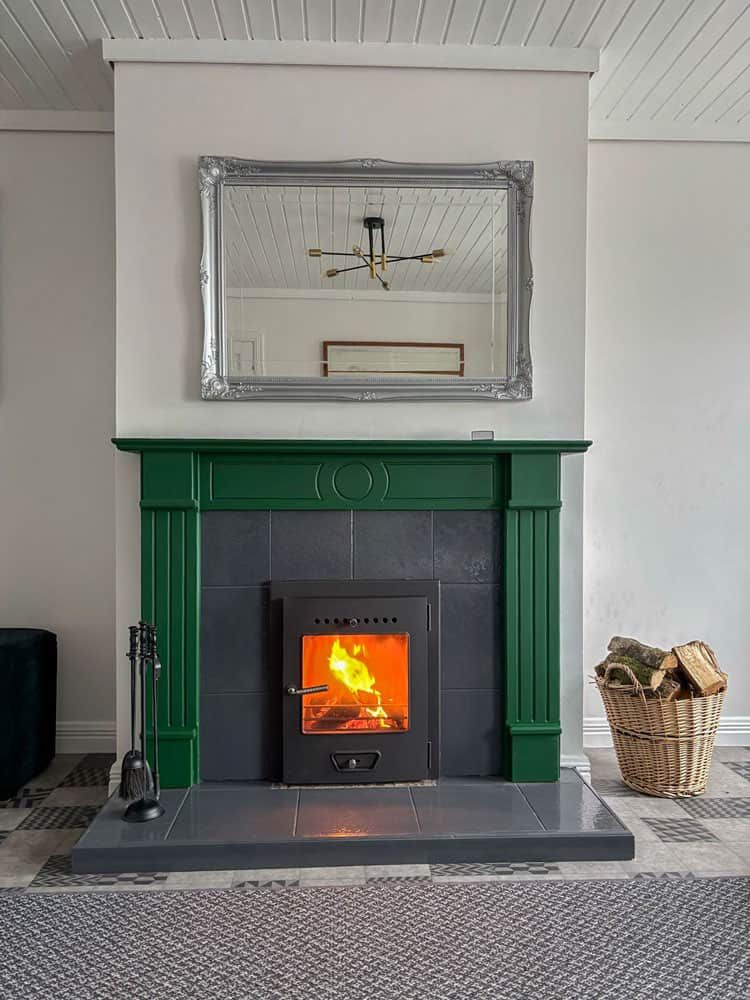 wood burning open fire with fire door